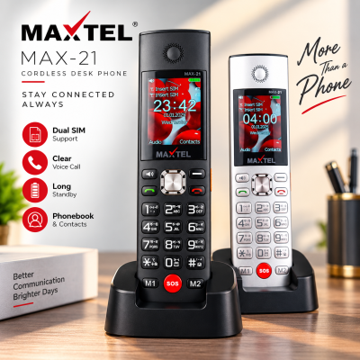 MAXTEL MAX21 Ultra Cordless Desk Phone – Dual SIM Feature Phone with 3000mAh Battery, Dock Charger, Type-C, SOS Emergency Button, Auto Call Recording & Wireless FM